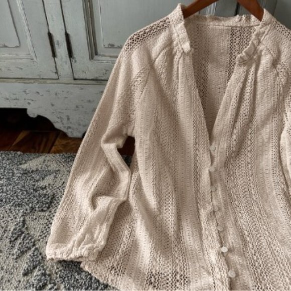 New Bohemian Cream Lace Long Sleeve V-Neck Button Front Blouse Top - Picture 7 of 8
